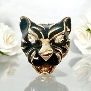 Vintage Michele Lynn Panther Cat Scarf Clip Brooch Black Gold Tiger